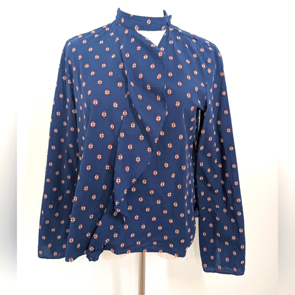 Navy Patterned Long Sleeve Blouse With Ruffle Detail